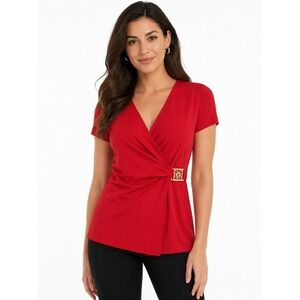 ANNE KLEIN Red Wrap Top XS NWT Gold Buckle‎ Stretch Knit Blouse Career Classic